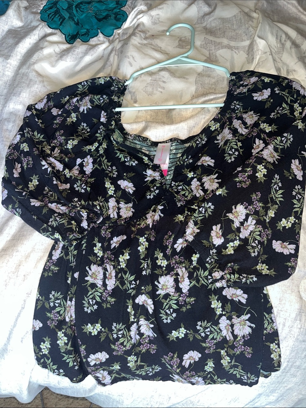 No Boundaries Black Floral Blouse with Lavender & Green Accents